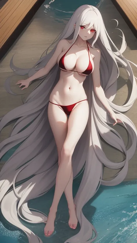 masterpiece, {{{{Highest quality}}}}, female solo, fullbody, fullbody female solo, long white hair, pale skin, red eyes, hourglass body, big  , vampire, bikini, at the pool