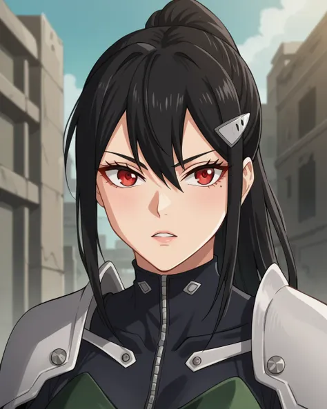 , score_9, score_8_up, score_7_up, score_6_up, score_5_up, score_4_up, source_anime, masterpiece , anime screencap,  absurdres, minaashiro, black hair, ponytail, long hair, hair ornament, mole under eye, mole, red eyes bodysuit, armor, wide_hips upper body...