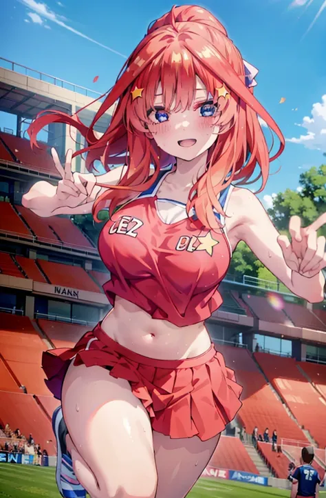 itsukinakano, Itsuki Nakano, bangs, blue eyes, hair between eyes, Ahoge, Redhead, star (symbol), happy smile, smile, Open your mouth,hair ornaments, star hair ornaments,(cheer leading), (whole body), Big Breasts, Lower, (Sweaty), Sweaty Wet Clothes (Red cl...