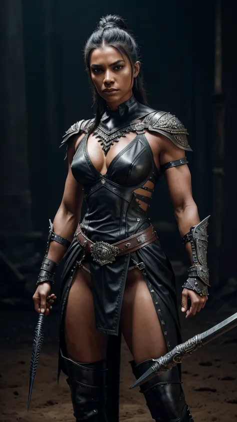 "artistic image of a fierce warrior woman, dark atmospheric background, strong pose, intense expression, minimal dark metallic armor, sharp angular shoulder pieces, chest plate, ornate belt, minimal cloth, detailed jagged forearm and leg guards, muscular b...