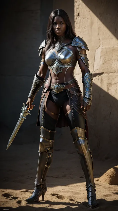 "powerful warrior woman, dark and atmospheric setting, confrontational and strong pose, looking at viewer, minimal striking armor, dark metallic, angular shoulder armor, chest plate, ornate belt, minimal cloth, intricate forearm and leg guards, muscular ph...