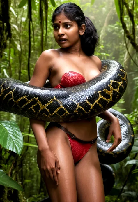  Topless  red thong wearing aroused horny beautiful happy young Indian teen girl vs  Giant colossal black anaconda monster wrapped around her body squeezing her in coiled embrace cuddling and kissing  sexual erotic bestiality  sex  realistic in the rainfor...