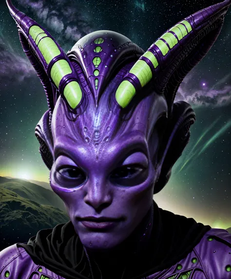 alien extraterrestrial persons exotic aliens facial features purple green cosmic scenery landscape