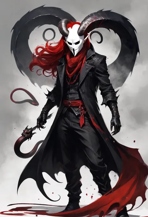 ink， ((demon)), (((male))), male demon, ((scary demon), (((wearing a scary white mask))), blood, (((ram curved horns))), long wavy red hair, (((slavic black full clothes))), medieval scarf, monster claws, animal legs, snake tail，ink，Smudge，Line outline，ink...