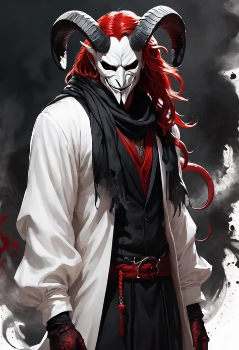 ink， ((demon)), (((male))), male demon, ((scary demon), (((wearing a scary white mask))), blood, (((ram curved horns))), long wavy red hair, (((slavic black full clothes))), medieval scarf, monster claws, animal legs, snake tail，ink，Smudge，Line outline，ink...