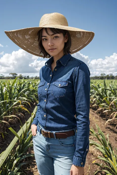 shot by Sony a7 IV Mirrorless Camera, natural light, analog film photo, Kodachrome ,An agronomist woman dressed in jeans and a white long-sleeved shirt, sun hat, and boots, is in a sugar cane field with sunny weather. There are not many clouds in the sky, ...