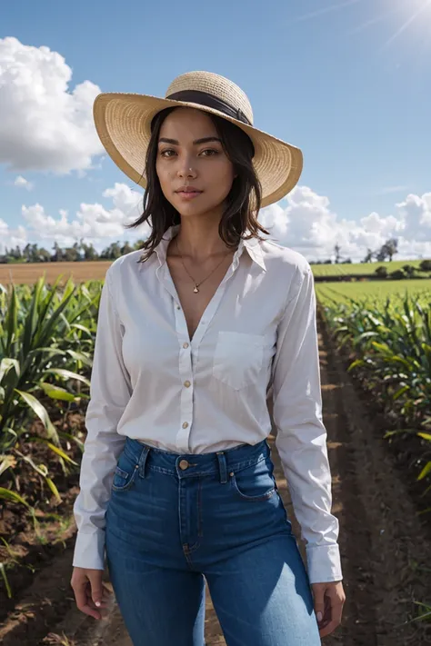 shot by Sony a7 IV Mirrorless Camera, natural light, analog film photo, Kodachrome ,An agronomist woman dressed in jeans and a white long-sleeved shirt, sun hat, and boots, is in a sugar cane field with sunny weather. There are not many clouds in the sky, ...