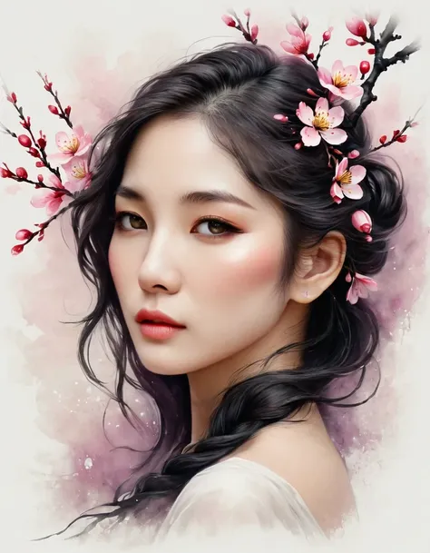 wallpaper，32K，Painted style，Modern minimalist art，（Close-up of a woman with a plum blossom tattoo on her neck）,Woman with pretty face，Black long hair，（Neck tattoo of plum blossom：1.3），Flowing hair illustration，Fair face，slim, beautiful eyes， Elegant digita...