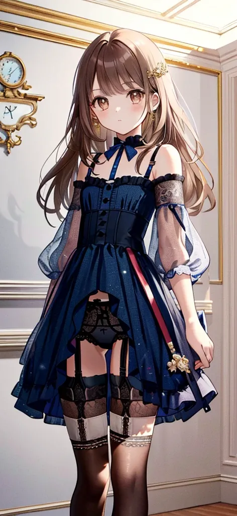 ((masterpiece)), ((best quality)), ((ultra detailed)), ((kawaii)), cute, (lovely), ((extremely detailed)), ((8K)), (beautiful), full body, luxury room, a cute girl, 1girl, solo, blue mini camisole dress,beautiful light brown hair, ((detailed beautiful brow...