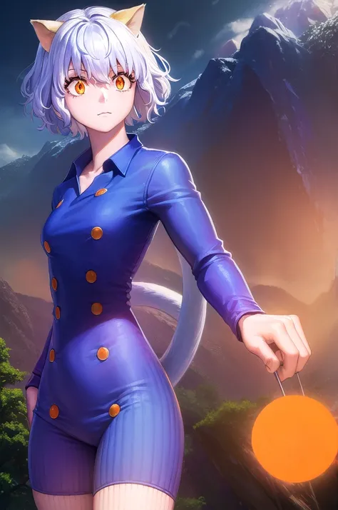 female、tall、29-year-old、adult、Neferpitou, short hair, Cute face、Cute like an idol、(Orange eyes:1.5), Animal ears, Hair between the eyes, tail, Gray Hair, Cat ear, cat tail, Cat girl, Curly Hair,((The background is the countryside、forest、))、Mountains in the...