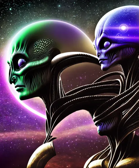 alien extraterrestrial persons exotic aliens facial features purple green cosmic scenery landscape double exposure