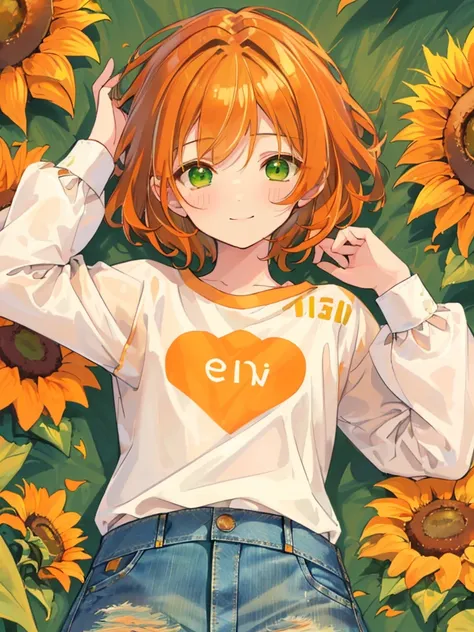 masterpiece、Highest quality、Super detailed、Very delicate、solo、One boy、1 male、(Orange brown hair:1.25),(Fluffy hair:1.2),(short hair:1.2),(Center parted bangs),sunflower,(Green Eyes:1.4),(blush)、smile,(Long sleeve shirt:1.25),(denim:1.35),