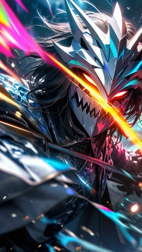 High quality, ultra realistic,absurdres, highres, ultra detailed, HDR, masterpiece, extremely detailed face and eyes,  white dragon knight, dragon knight mask,,colorful Black hair , , solo, ,man, handsome, , , Epic fight scene, colorful splashing effect,co...