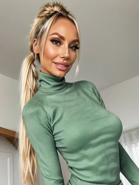 photo of a skinny very old wrinkly-faced faced mature platinum blonde prostitute with fake eyelashes and plump-enhanced lips, messy long hair thrown into a messy bun ponytail. She wears: (turtleneck soft high ribbed bright green super tight sweater:1.1), s...