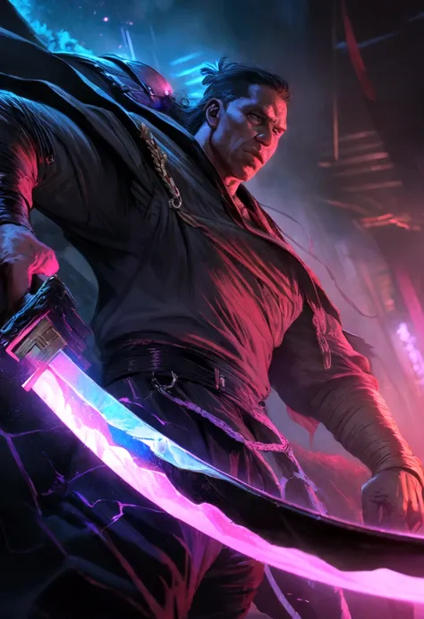 a strong muscular man, modern samurai, black skin, katana sword, modern outfit, detailed face, intense expression, dramatic lighting, neon vibrant colors, cinematic composition, (best quality,4k,8k,highres,masterpiece:1.2),ultra-detailed,(realistic,animere...