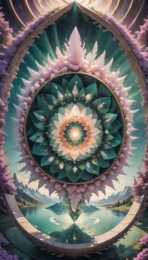 large geometric shapes, mandala sacral geometry made of lilac petals, hypnotize, performer, golden ratio in the center of the im...