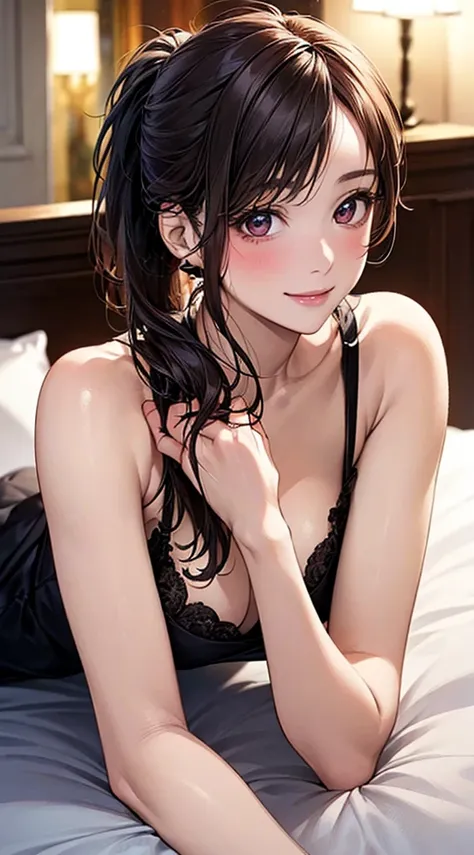 ((Perfect Anatomy, Anatomically correct, Very detailed肌)), 1 Beauty, Japanese, ３０age, (Ultra-oily, lustrous skin with attention to detail:1.1), Take in the view, Adorable smile, 
Beautiful Hair, Beautiful Face, Beautiful attention to detail, (ponytail:1.4,...