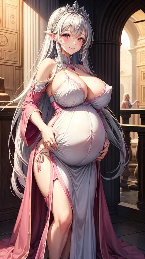 1 mature girl, beautiful face, very big breasts, big nipples, Long silver hair, pink eyes, medieval dresses, Smile, open dress, sexy dress, Pregnant, very pregnant, open stomach
