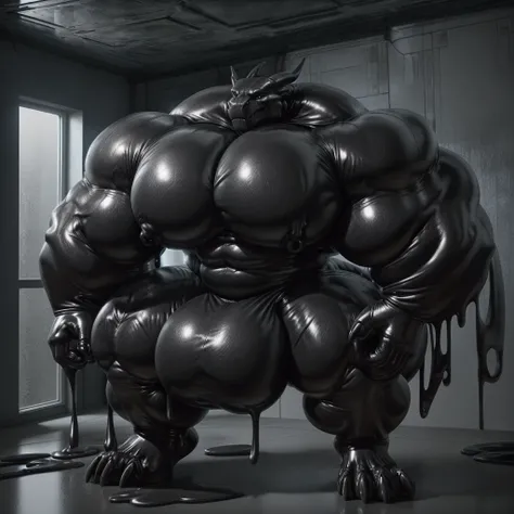 solo, male, , , ,  (hyper pecs:1.2), （long thick thighs:1.5）, standing, indoor,，(，,(,solo,very hyper muscles:1.3)((, Huge bulge：1.3))）（corruption)), black glowing liquid，（((liquid_latex, , rubber:1.2)，,black latex，goo transformation，(gooey)()(l），unreal eng...