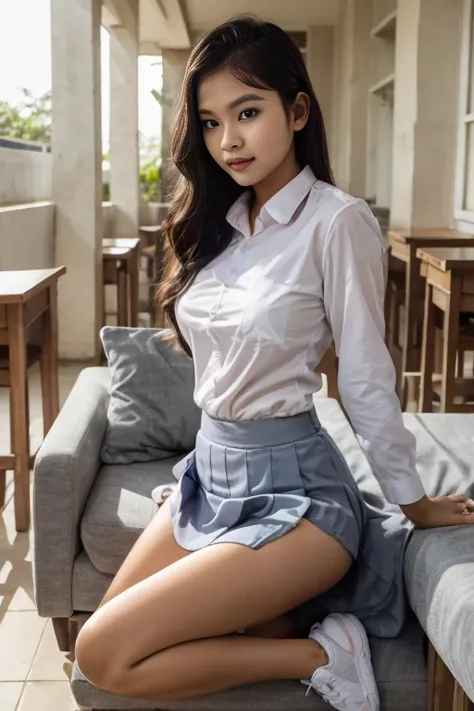 Young sweet beautiful Bogor city school girl, slim body, very georgeus face, 17 years old, wearing Indonesian white and grey uniform, long sleeve shirt, grey folded up kneel long skirt, sassy girl,  wavy short hairs, sleeping down relax opened wide legs on...