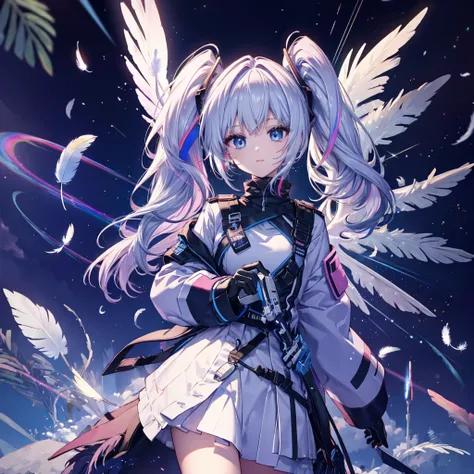 ((Archangel　Fantasy　Rainbow Hair　Make your hair rainbow-colored on the inside　Twin tails　Dull blue eyes))　((Has a galaxy　uniform　Put on a coat without putting your arms through it))　(((Wings many times larger than mine　rainbow gradient feathers　Glass Feath...