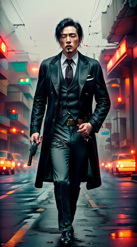 Highest quality, movie quality, scene on the verge of death, ruins, smoking, blood, coat, man (35 years old, tsuntsun head, black hair, coat in a suit, holding a gun in hand, lying on back), rain, fog