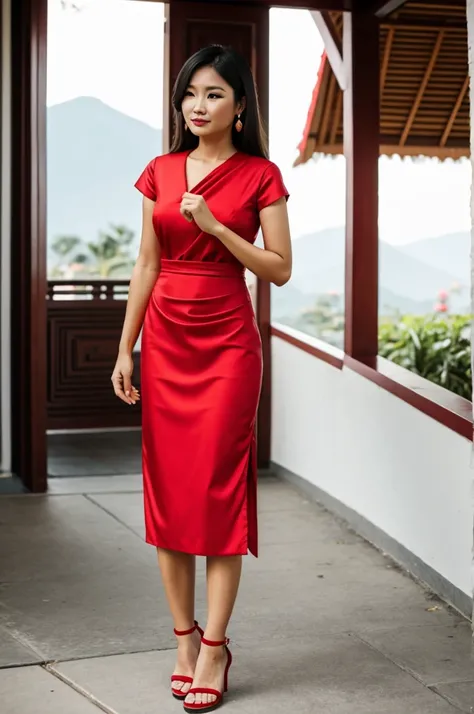 Mean woman wearing red Thai dress