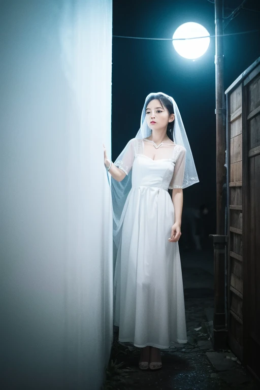 The ghost of a woman dressed in white at night