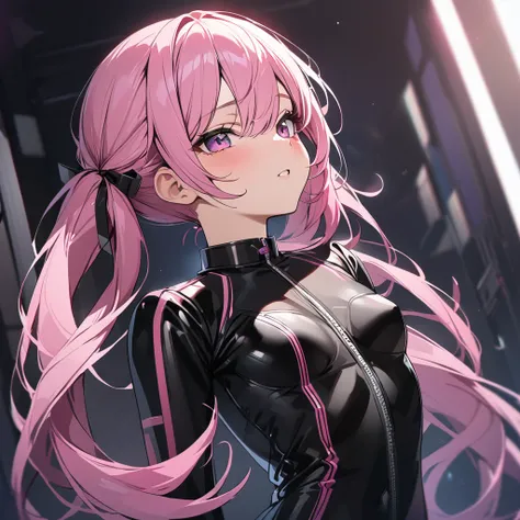 High quality, HD, 4k, Beautiful girl, pink hair, twintailed, small breast, black leather uniform