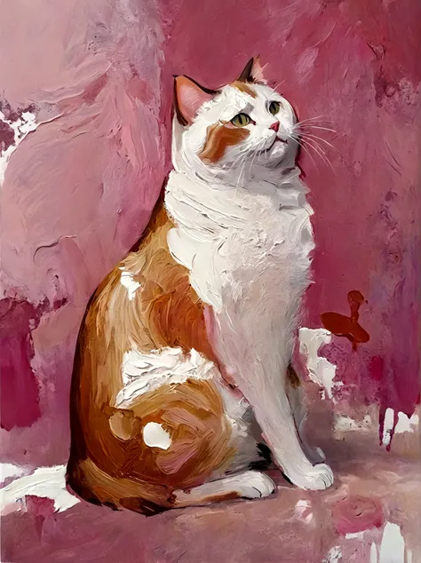 Fat Cat，whole body，bright，pink，White background，vanilla，cream，whiskey，Abstract Art，emotion，emotion，Thick textured paint, 