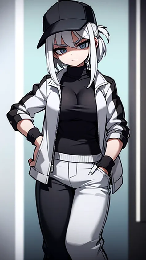 Fullbory, woman with medium-length white hair, serious bright bluish gray eyes, wearing streetwear, with her hands in her pants pocket.