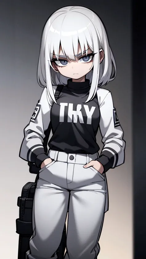 Fullbory, woman with medium-length white hair, serious bright bluish gray eyes, wearing streetwear, with her hands in her pants pocket.