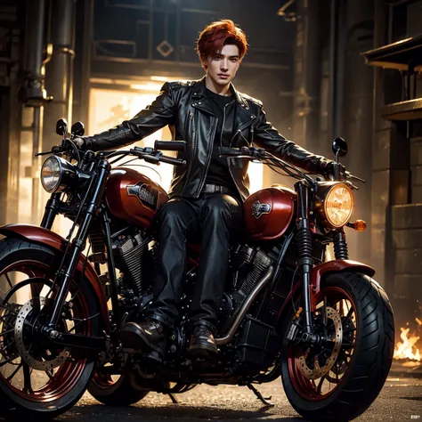 A handsome young man with fiery hair, riding a chopper motorcycle and emitting a sacred flame, set against a dramatic "wall of death" background, highly detailed realistic face with beautiful eyes, long and detailed lips, detailed skin and outfit, detailed...