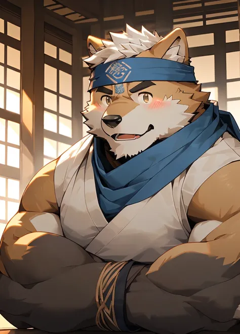 (masterpiece)，(Very detailed)，(best quality)，hairy，Shiba Inu，Black fur，white hair，Gray pupil，Muscular，(Japan samurai attire)，((blue scarf))，((Brown headband))，(blush:1.1)，Handsome expression，Temple Background，8K，(high quality)，(Ultra high quality)，(Super d...