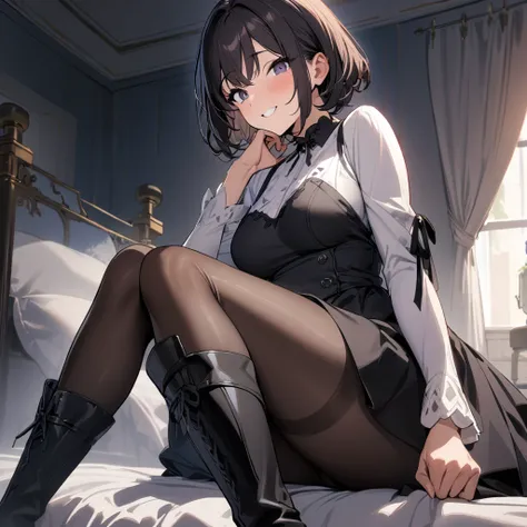 1boy, dark hair, short hair, pantyhose, dress, smile, boots, looking at viewer, sitting, bed, masterpiece, best quality, highres, nice hands, perfect hands