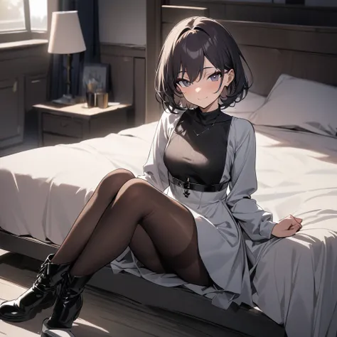 1boy, dark hair, short hair, pantyhose, dress, smile, boots, looking at viewer, sitting, bed, masterpiece, best quality, highres, nice hands, perfect hands