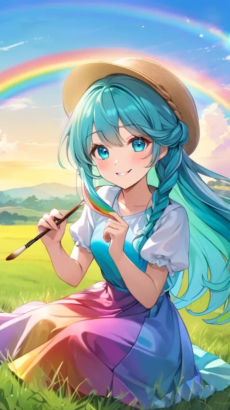 Female, mature, Beautiful, Humble, Kind, long hair upper waist Stright Braided Hairstyles, Aqua blue pupil eyes colour, Multi-haired Colours bright cyan Hairs, wear coppola hat rainbow colours, rainbow dress flowing with skirt, holding small brush sit on g...