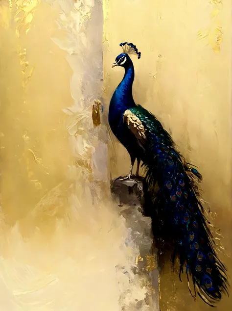 Peacock opens the screen，Color portrait，vanilla，bright，Gilded，Golden background，real，emotion，Thick textured paint, 