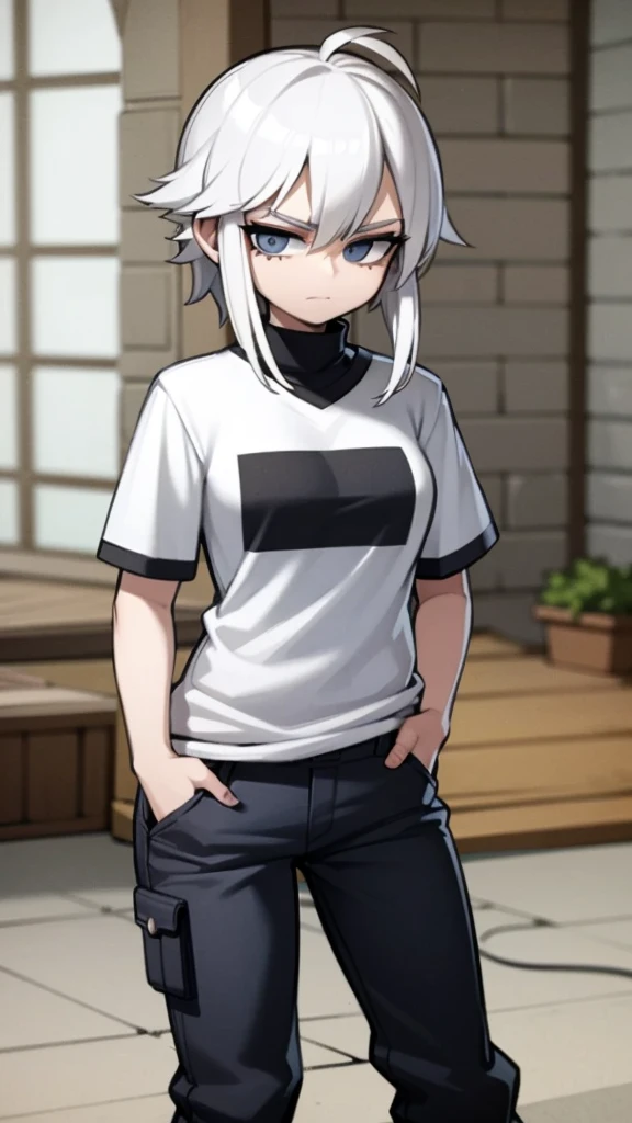 Fullbory, woman with medium-length white hair, serious bright bluish gray eyes, wearing streetwear, with her hands in her pants pocket.