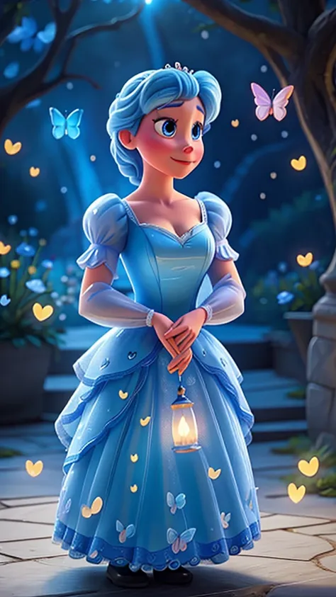 Cinderella from Disneys Cinderella movie  and with blue butterflies in the background of the image