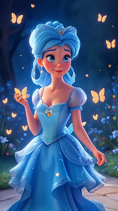 Cinderella from Disneys Cinderella movie  and with blue butterflies in the background of the image