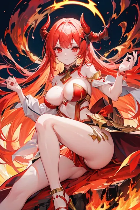 A female demon in revealing clothes emitting golden flames，There are special horns on the head，Bare legs。In the midst of a volcanic sea of blood and thousands of troops。Anime style