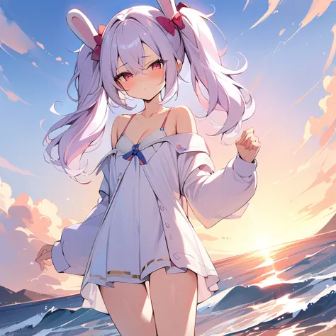 (masterpiece, best quality:1.4),1girl, laffey /(Azur Lane/), standing, sea, sunset, dynamic angle, cowboy shot,