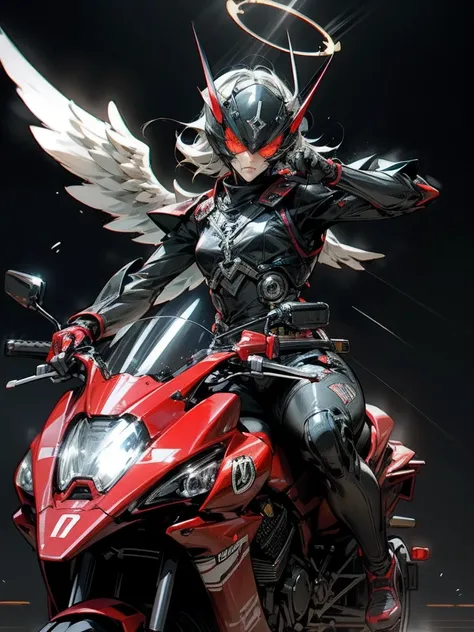 Kamen Rider,Angel, woman,heaven battle arena background,rider kick,halo,devil custumize morter cycle riding,riders battle royal,