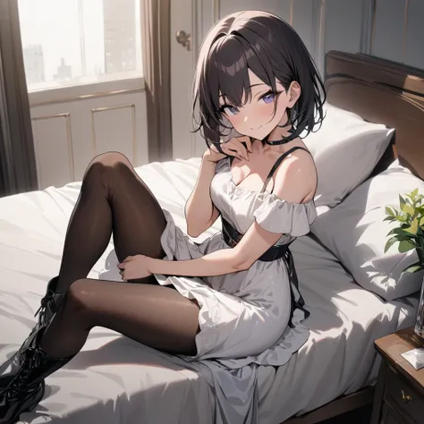 1boy, dark hair, short hair, pantyhose, dress, smile, boots, looking at viewer, sitting, bed, masterpiece, best quality, highres, nice hands, perfect hands