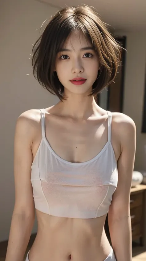 ((Best quality, 8k, Masterpiece: 1.3)), Contour: 1.2, Perfect body beauty: 1.4, Butt: 1.2, ((Layered haircut, Round chest: 1.5) ), (solid background, indoors: 1.3), sports bra: 1.1, Highly detailed face and skin texture, Beautiful eyes, Double eyelids, Whi...