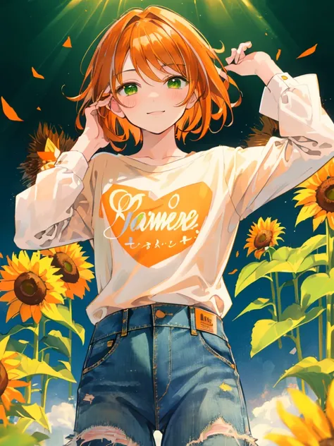 masterpiece、Highest quality、Super detailed、Very delicate、solo、One boy、1 male、(Orange brown hair:1.25),(Fluffy hair:1.2),(short hair:1.2),(Center parted bangs),sunflower,(Green Eyes:1.4),(blush)、smile,(Long sleeve shirt:1.25),(denim:1.35),