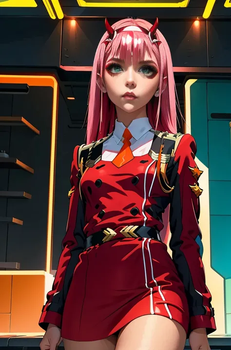 zero-two, long straight and shiny pink hair, small white tiara with two small red horns, straight bangs cover the forehead, gree...