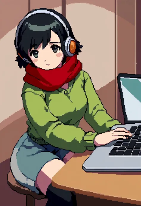 Pixel Art,Highest quality, masterpiece, Ultra-high resolution, Very detailed, Anime girl sitting at a desk with a laptop and headphones, body, Light Green Sweater, Black shorts, Red scarf with black stripes, Black Hair, Cute eyes, digital Anime illustratio...