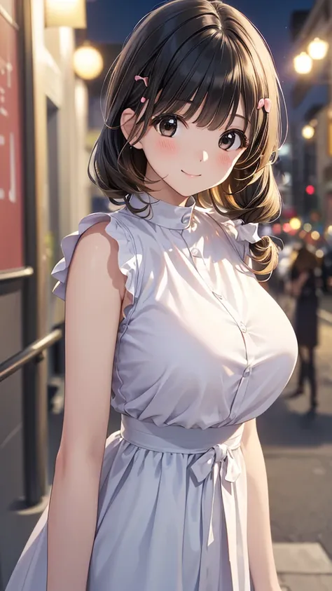 young woman、smile、((Random Hairstyles))、Blushing、((masterpiece、High resolution、16K))、((Random design spring clothes))、(Very close:1.5)、Explore the city at night、(Focus on the upper body:1.5)